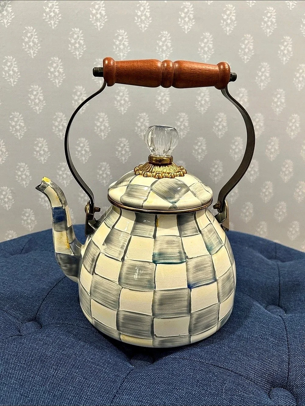 Mackenzie-Childs Sterling Check Enamel Tea Kettle White & Gray